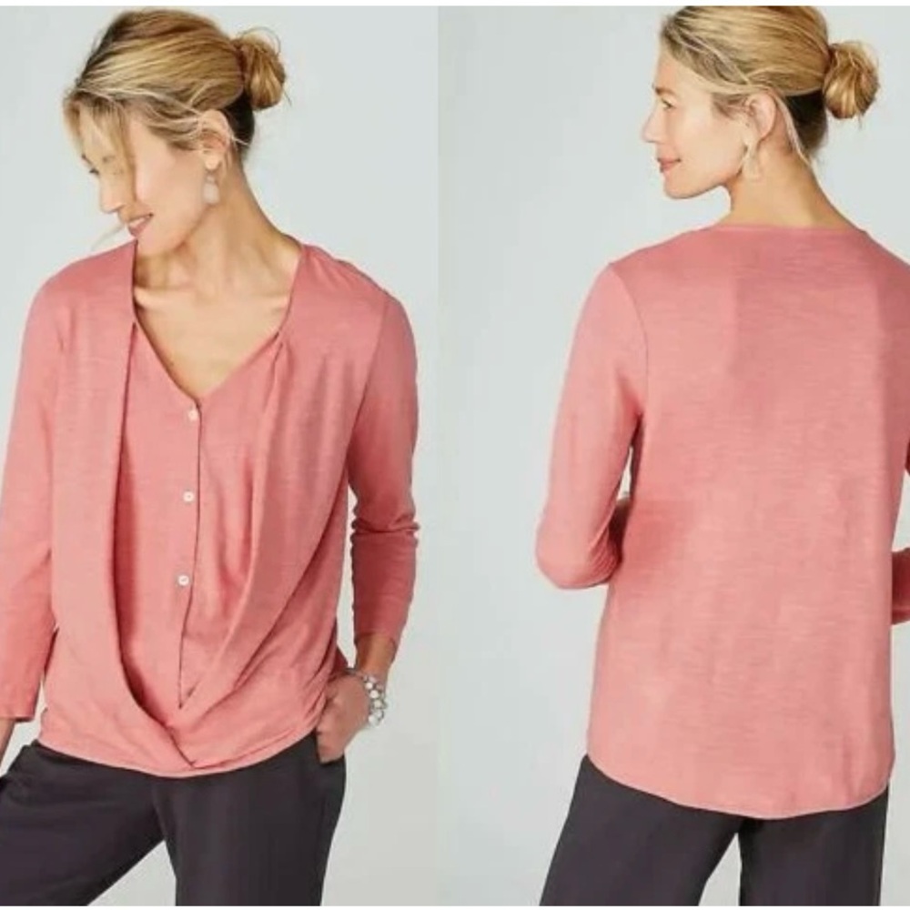 J Jill Pure Top Women L Pink  Button Cross Front Blouse Cotton Modal Blend Soft